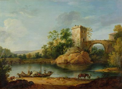 はしけに乗った農民とその向こうの橋を描いたイタリアの木立のある川の風景、1770年頃（水彩画 作： William Marlow
