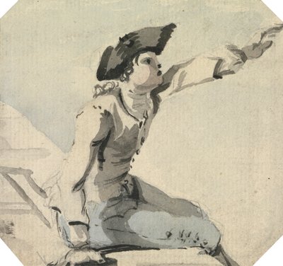 欄干に座って左腕を振る男性 作： William Marlow