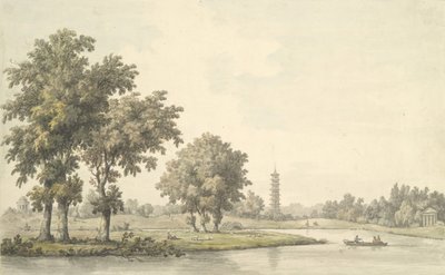 キューの芝生からの湖と島の眺め、1763年 作： William Marlow