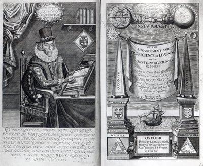 フランシスベーコンの「Instauratio Magna」の前絵とタイトルページ、1640 作： William Marshall