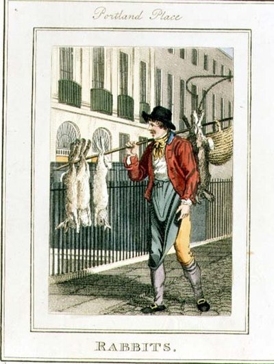 ポートランド・プレイスのウサギ、リチャード・フィリップス（1778-1851）が出版した「Cries of London」より1804年（彫刻）。 作： William Marshall Craig
