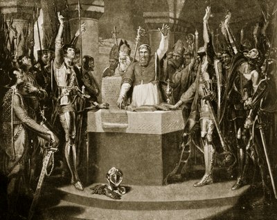 男爵の誓い、1214年、イギリス国民のハチンソン物語、1920年頃のイラスト 作： William Martin
