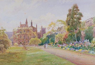 5月の長い散歩と花の国境-ニューカレッジ、オックスフォード、c.1918 作： William Matthison