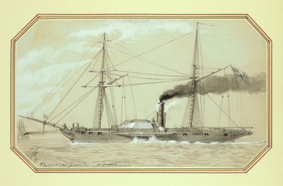 パドル駆動の蒸気軍艦（鉛筆とウォッシュ、白で盛り上げる） 作： William McConnell