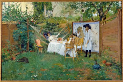 屋外での朝食 1888年頃 庭にいる若い女性、一人はハンモックに乗っている。ウィリアム・メリット・チェイス（1849-1916）による絵画 1888年 トレドミュージアム・オブ・アート 作： William Merritt Chase