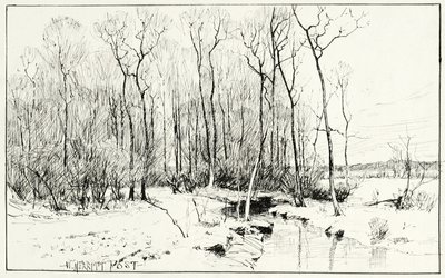 無題、冬の風景 (ペンとインク、紙) 作： William Merritt Chase