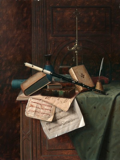 フルート、花瓶、ローマン ランプのある静物 作： William Michael Harnett