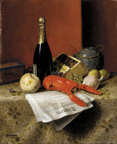 ロブスター、果物、シャンパン、新聞のある静物、1882年 作： William Michael Harnett
