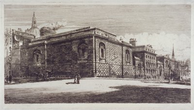 ロンドン市内のニューゲート・ストリートからオールド・ベイリーのニューゲート刑務所を望む（1900年頃 作： William Monk