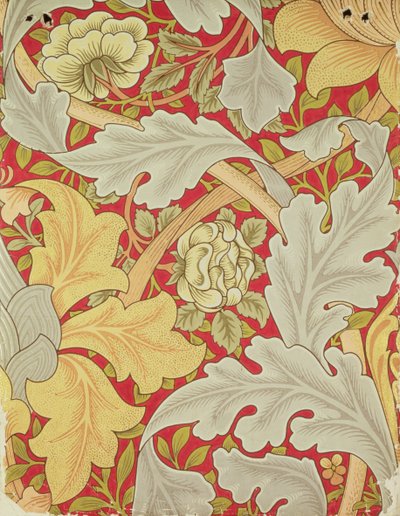 真紅の背景にアカンサスの葉とワイルドローズが描かれた壁紙デザイン 作： William Morris