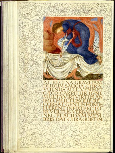 ディドが自分を刺し、ウェルギリウスの「アエネーイス」の第4巻を開く 作： William Morris