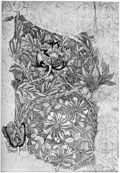 スイカズラのパターンがリネンに印刷された、1883 1934。 作： William Morris