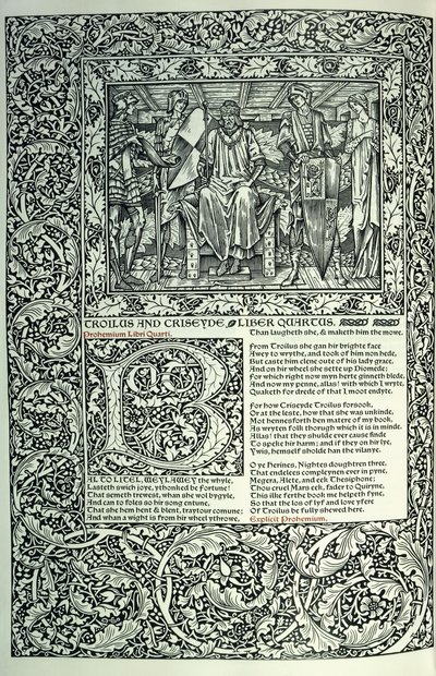 「トロイルスとクリセイデ」のシーン、歴史的なイニシャル「B」、全ページ境界の原稿、1896年 作： William Morris