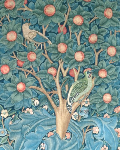 キツツキのタペストリー、キツツキの詳細、1885タペストリー 作： William Morris