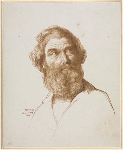 左を見つめるひげを生やした男の頭 作： William Mulready