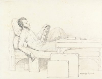 Auto-retrato do artista reclinado em um sofá gótico lendo um livro 作： William Mulready