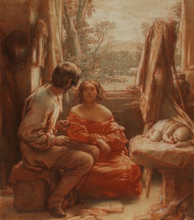 画家のアトリエ 1839年頃（紙に鉛筆、赤と白のチョーク） 作： William Mulready