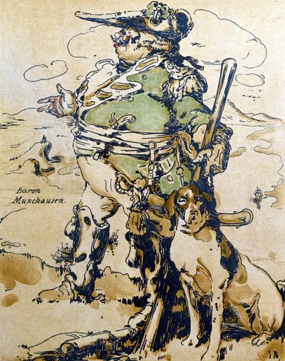 ミュンヒハウゼン男爵、「Characters of Romance」のイラスト、1900 年に初版 (カラー リソ) 作： William Nicholson
