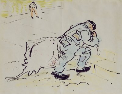 スケート靴を履いたチャーチル (紙にペンとインクとクレヨン) 作： William Nicholson