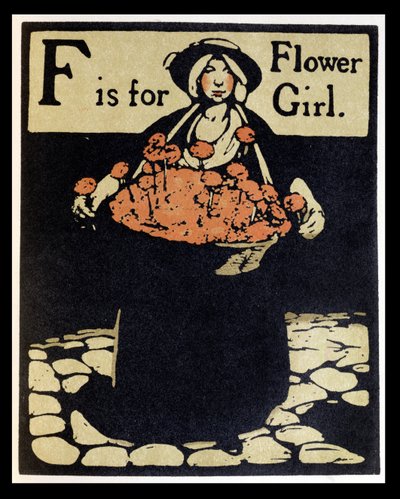 F はフラワー ガールの F です。William Heinemann 発行の「An Alphabet」のイラスト 作： William Nicholson