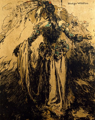 マッジ ワイルドファイア、「Characters of Romance」のイラスト、1900 年に初版 (カラー リソ) 作： William Nicholson