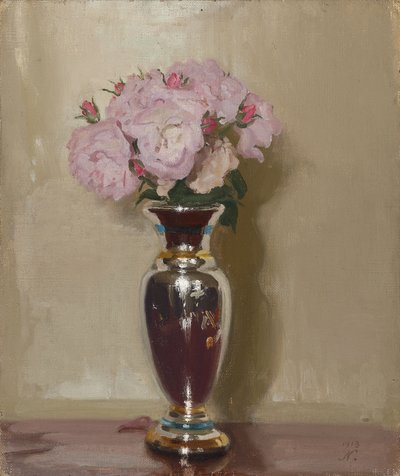 銀色の光沢のある花瓶のピンクのバラ 作： William Nicholson