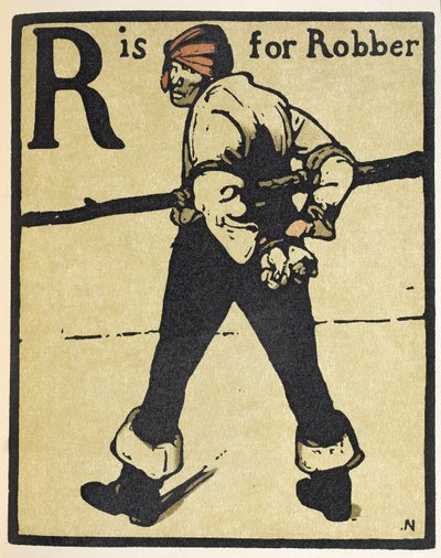 R は強盗を表す、ウィリアム ハイネマン発行の「アルファベット」のイラスト 作： William Nicholson