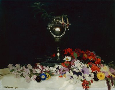 テーブルの上の壷と花 作： William Nicholson