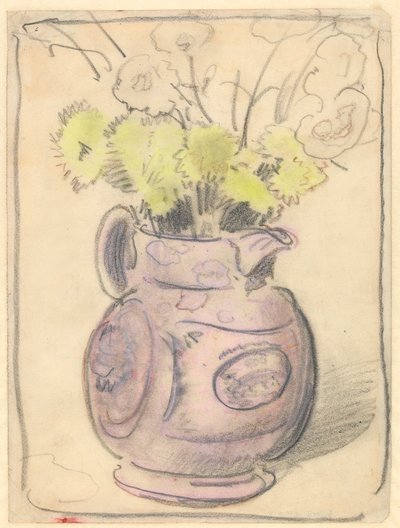 花瓶の花：光沢のある水差しに入った黄色の菊（紙に黒と色のチョーク） 作： William Nicholson