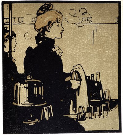 若い女性バーテンダー、ロンドン - 「「ロンドンの種類」」、ウィリアム・ニコルソン (1872-1949)、エド・フローリー 作： William Nicholson