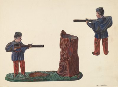 南北戦争の兵士と木の幹の銀行、1937年頃。 作： William O. Fletcher