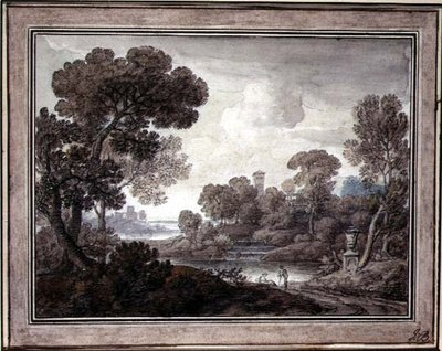 古典的な風景、1770年頃（紙にペンとインク、水彩画） 作： William Oram