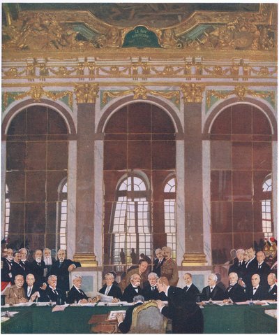1919年6月28日、ヴェルサイユのパルスの鏡の間で平和に署名すること。 作： William Orpen