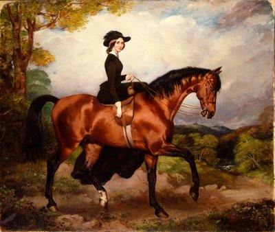 栗のハンターに黒い乗馬服を着て横に座っているトマスコノリー夫人の肖像 作： William Osborne