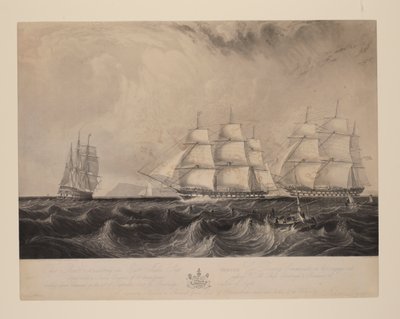 この版画は、東インド船「ヴァーノン号」（Geo.30馬力の蒸気機関を搭載し、1839年9月21日にベンブリッジ[sic, i.Benbridge]沖で海峡を下る74艘のHM船エディンバラとブレナムを追い越した。 作： William Overend Geller