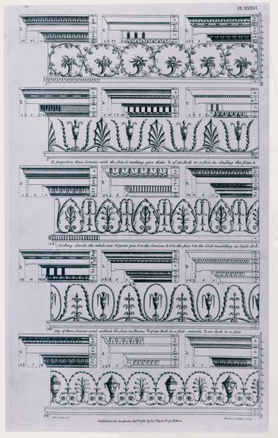 1788年にウィリアムペイン（c.1730-c.1790）によって出版されたコーニスのデザイン。 1783黒と白の彫刻 作： William Pain