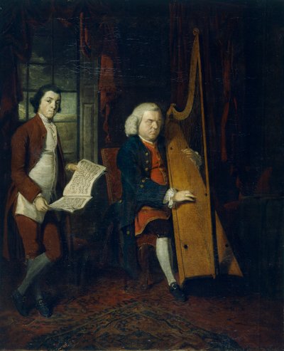 盲目のハープ奏者ジョン・パリーとアシスタント（1770-1780年頃）。 作： William Parry