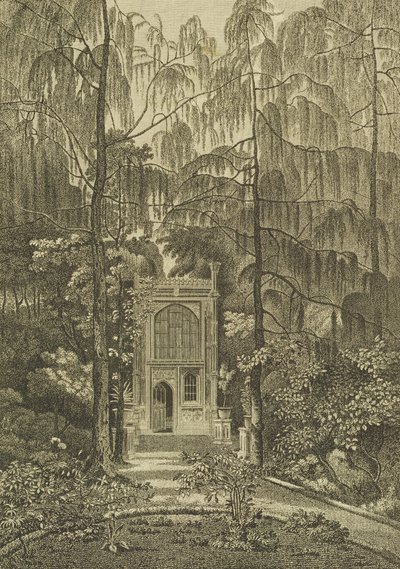 ゴッドフリーによって刻まれたストロベリーヒルの庭園にある礼拝堂の眺め、1784 作： William Pars