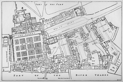 シャルの治世で撮影されたホワイトホール王宮のフィッシャーズの平面図の縮小コピー 作： William Patten