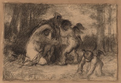 女性の服を脱ぐのを助ける Putti のある樹木が茂った風景 作： William Perkins Babcock