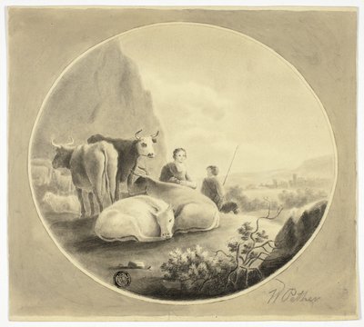 牧畜民、牛と羊の風景 作： William Pether