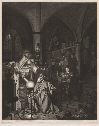 哲学者の石を求めてアルキミストがリンを発見し、祈る…、1775年。 作： William Pether