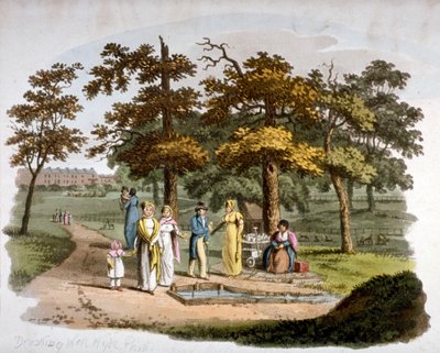 1812年、ロンドン、ウェストミンスター、ハイド・パークの飲料水用井戸の風景 作： William Pickett