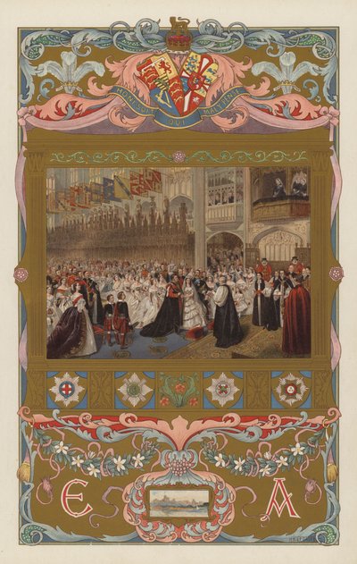 1863年3月10日、ウィンザーのセント・ジョージズ・チャペルで行われた、後の国王エドワード7世とアレクサンドラ女王の結婚式（カラーリトグラフ版 作： William Powell (after) Frith