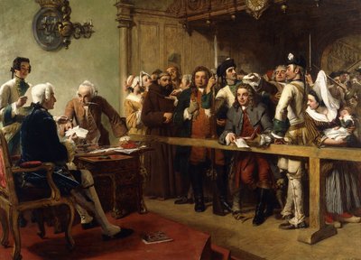 1851年、スパイとしてカレー知事の前に連れて行かれたホガース 作： William Powell Frith