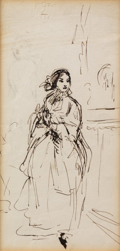 急いでいる女の子（ペンとインク） 作： William Powell Frith