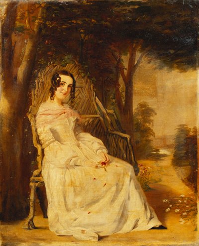 メアリーフリーアーのポートレートがガーデンシートに小さな全長を座っている、 作： William Powell Frith