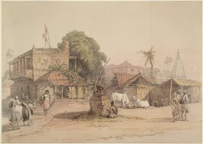 小さな「トゥルシー」祭壇と雄牛を乗せた水運びのある村の風景、インド、1830～40年頃 作： William Prinsep