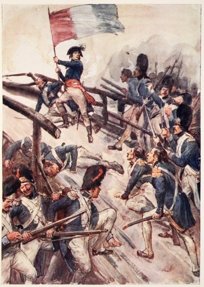 「旗を握り、彼自身が橋を渡って彼の部下を導きました」、「フランスの物語」からの版、メアリー・マクレガー作、1920（色付きのリソ） 作： William Rainey