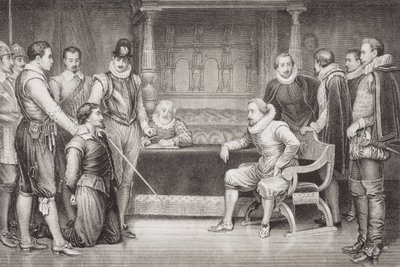 ガイフォークス（1570-1606）は、ジェームズ1世（1566-1625）とキングの寝室にある彼の評議会から、「英語とスコットランドの歴史のイラスト」第1巻から尋問を受けました。 作： William Ralston